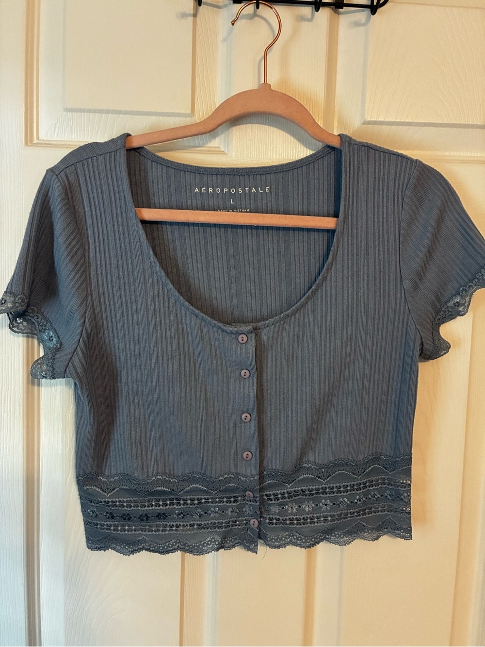 Aeropostale Slate Blue Scoop Neck Lace-Trim Button Crop Top